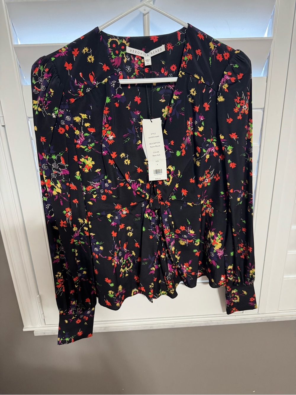 Veronica Beard Black Floral Tie-Neck Blouse